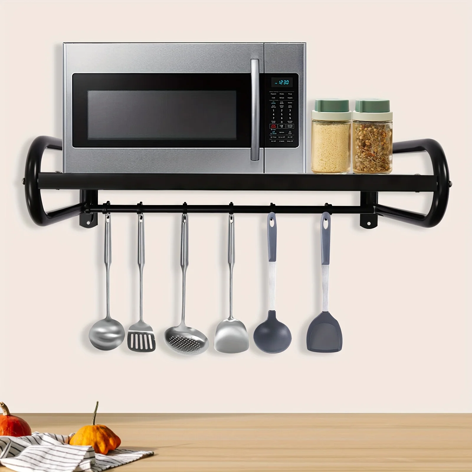 

53cm Black Microwave Shelf w/6 Hooks | Single Tier Wall Mounted Pot Rack | Space Saving Kitchen Organizer for Pans & Utensils