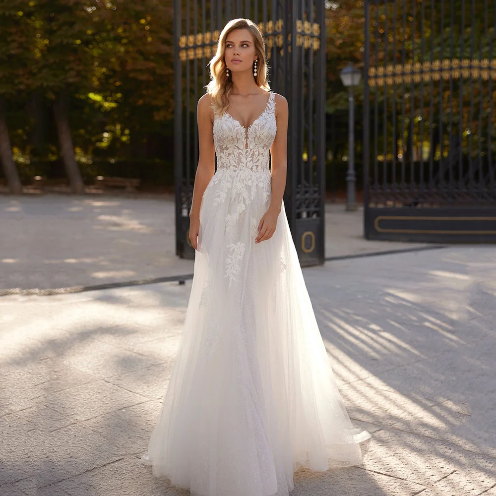 

Boho V Neck Wedding Dresses Bridal Dress A Line Backless Appliqued Lace Vestidos De Novia 2025 Women Bride Gowns Customized