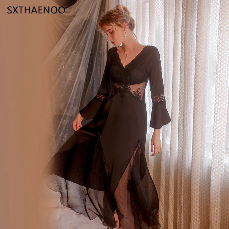 

SXTHAENOO's New Long satin Sleepwear Nightgowns Deep V Mesh With Chest Pad Embroidery Lace Pajamas Nightdress пижама женская