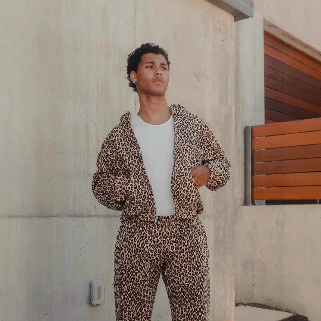

2025Spring new American leopard print 3D printed hoodie loose zipper cardigan sweatshirt set