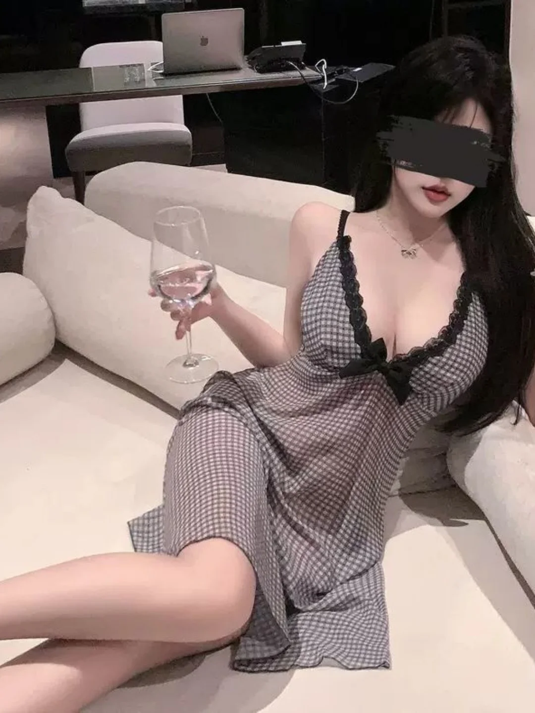 

Sweet Style V-Neck Bow Tie Plaid Sleep Dress Thin Summer Sleeveless Strapless Backless Nightgown Women's Casual Home Wear