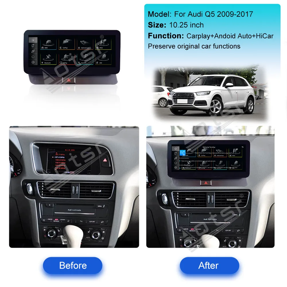 شاشة 10.25 بوصة نظام لينكس لأودي Q5 2009-2017 Carplay ستيريو الوسائط المتعددة راديو نظام ملاحة GPS اكسسوارات السيارات