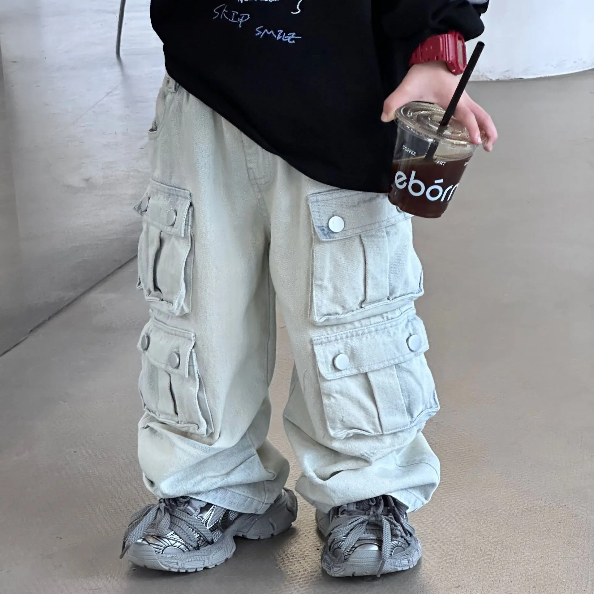 Baby Boys Loose Pants Spring Denim Trousers for Children Korean Toddler Baby Clothes Multi-Pocket Jeans Cargo Pants 2 -8 Years