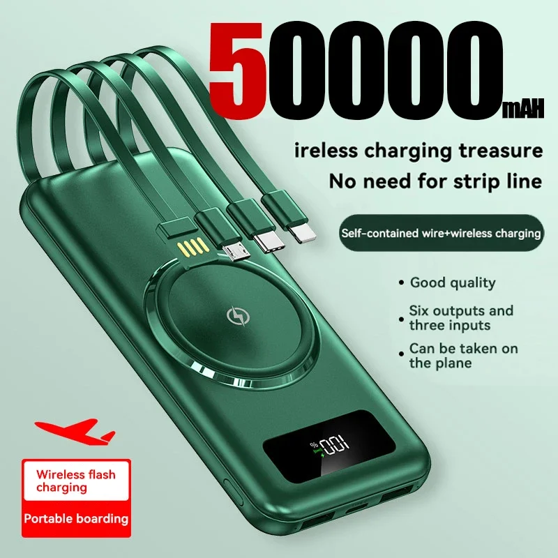 50000mAh Wireless Fast Charging Power Bank Built-in Quad Power Cable Portable High Capacity For Xiaomi Iphone 15 14 13 Samsung