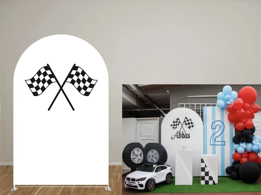 Car Theme Checker Flag Arch Backdrop Covers for Parties, Arched Panels Birthday and Baby Shower Party Decoration Props