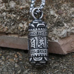 Men Buddhism Six-character Mantra Necklace Jewelry Retro Cylindrical Stainless Steel Biker Pendant Amulet Gift Wholesale