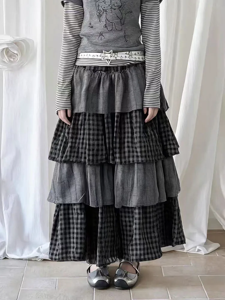 Vintage Plaid Patchwork Midi Skirts Japanese Y2K High Waist Ruffle Splicing Long Skirts Harajuku Retro Subculture A Line Skirts