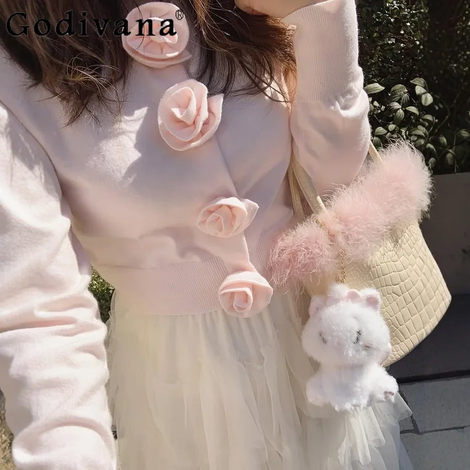Japanese Sweet Three-Dimensional Rose Thin Knitted Short Jacket Autumn New Girls Woman's Daily Basic Fashion Casual Coat Tops