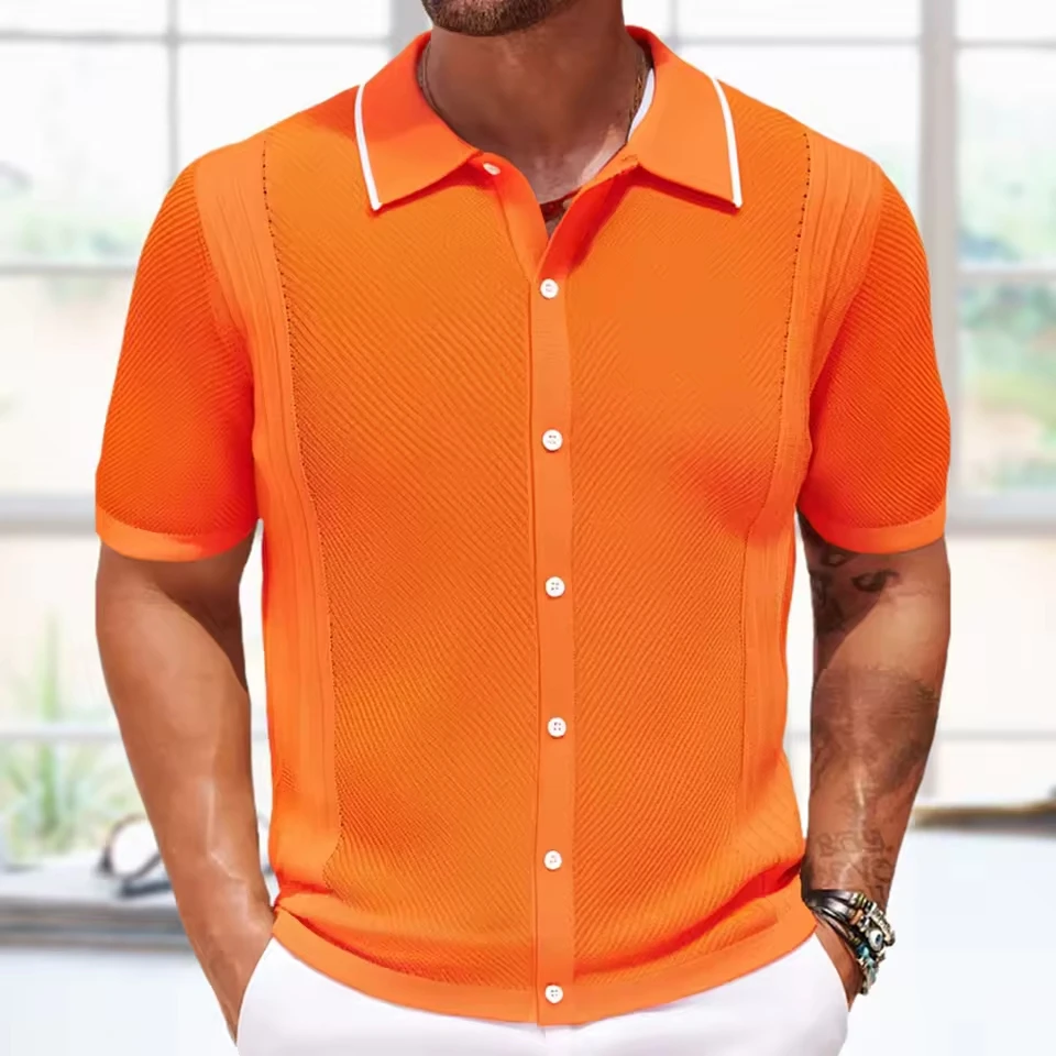 

European and American Style Men's Spring Summer Fashion Solid Color Casual Trendy Business Shirts Turn-down Collar Polo Shirts