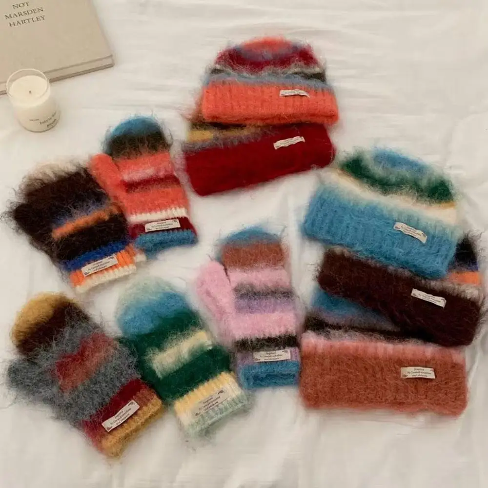 

Mohair Color Blocked Wool Hat Glove Set Winter Coldproof Gloves Cap Set Striped Rainbow Beanies Knitted Hat Gloves for Women