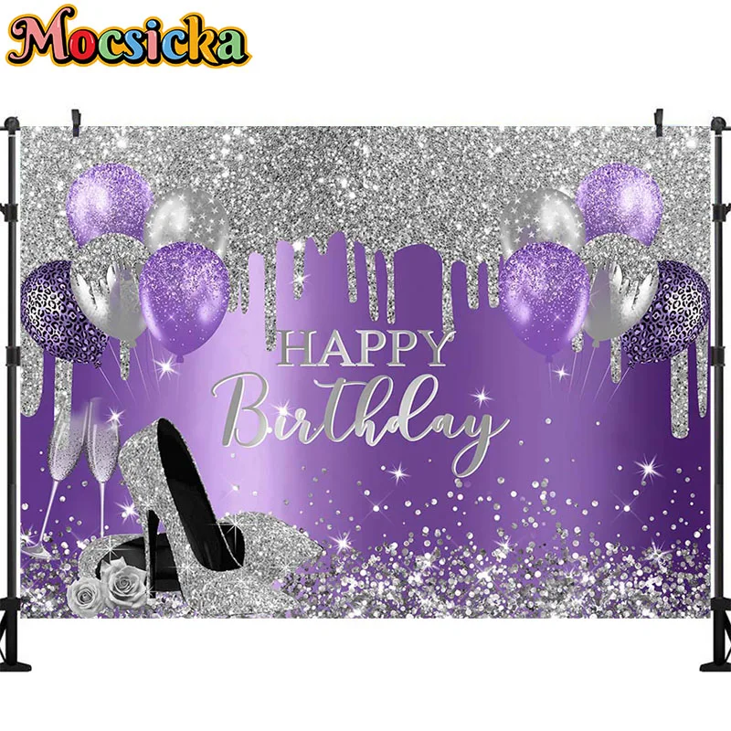 High Heels Happy Birthday Photography Backdrop Women Black Silver Champagne Balloon Sequin Glass Red Rose Background Banner