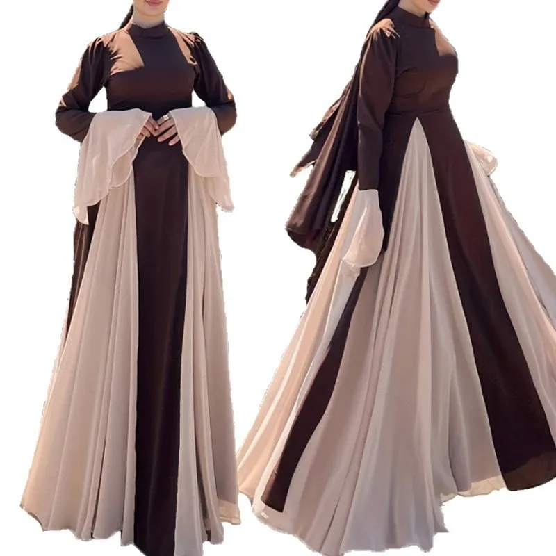 

Women's Casual Fashion Muslim Dress Abaya Chiffon Round Neck Tie-Dye with Belt Abayas Long Temperament Elegant Dresses