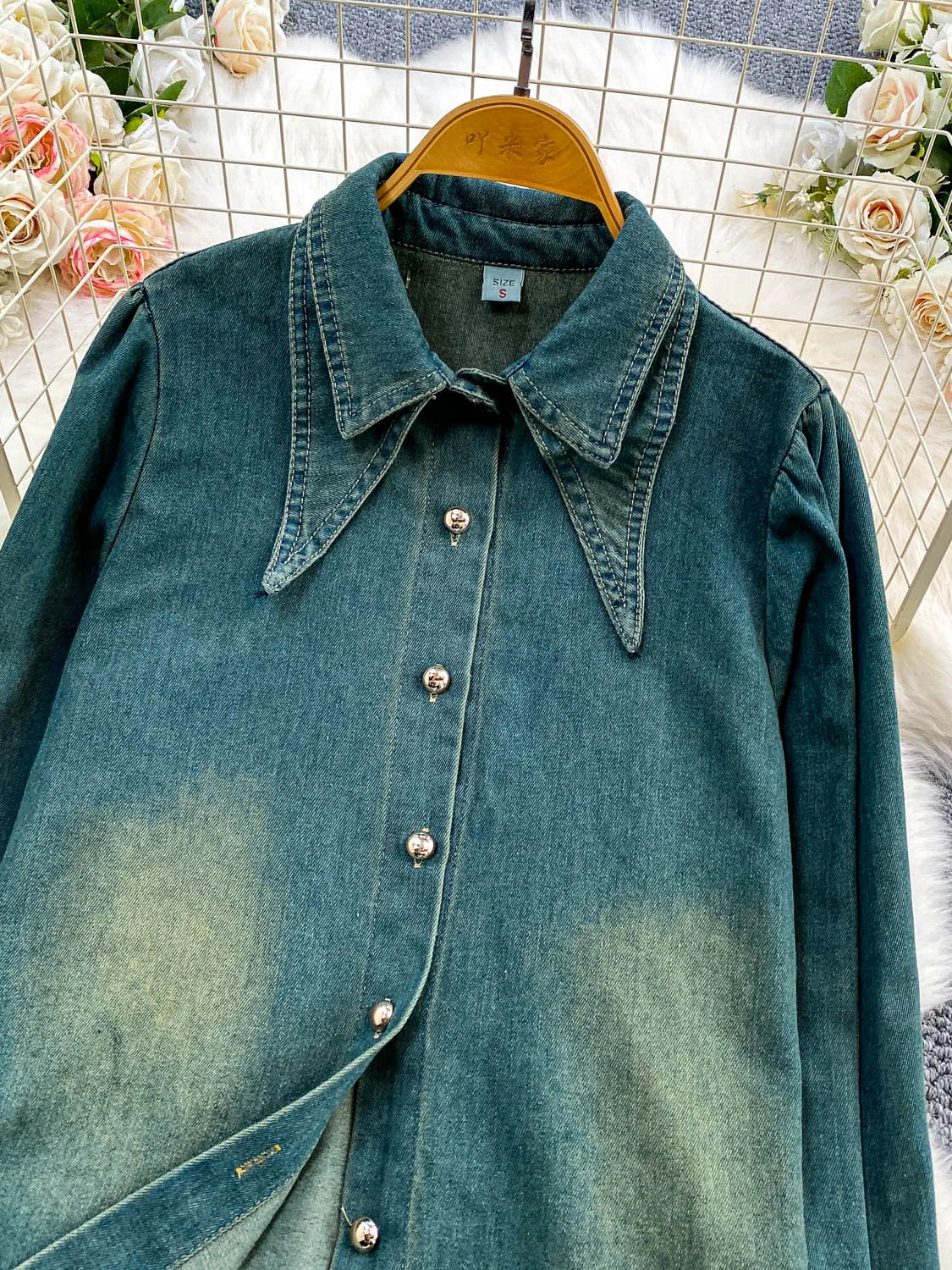 Retro American Worn-look adient Blue Double-layer Collar Denim Jaet Women's Loose Casual All-match Autumn Winter Top