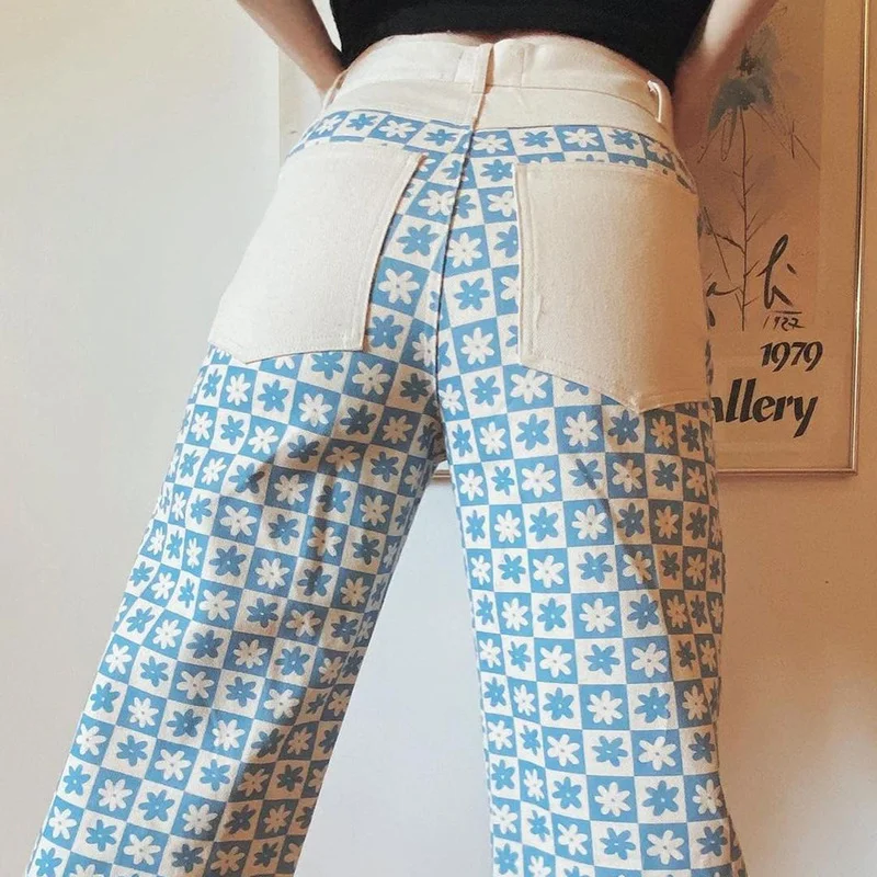 Vintage Floral Print Patchwork Trousers Y2K Baggy Denim Pants High Waist Streetwear Jogger Fashion Aesthetic Cargo Sweatpants