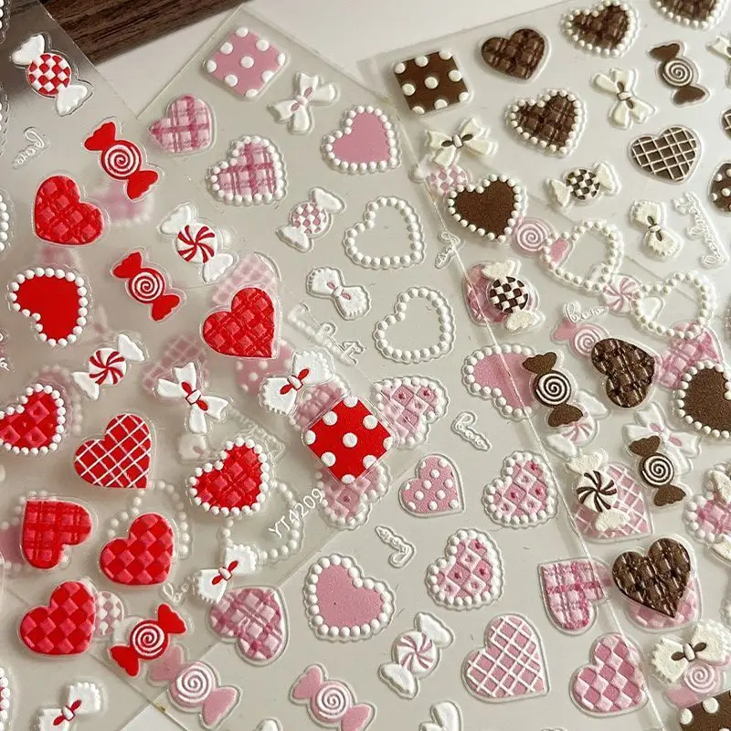 

Cute Cartoon 3D Red Plaid Bow Heart Embossed Scrapbook Journal Stickers DIY Girl Bow Nail Phone Case CCD Camera Art Decals