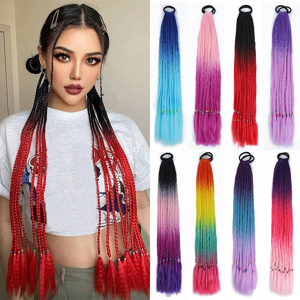 AZQUEEN Synthetic Color Gradient Dirty Braided Ponytail Women Box Braids With Elastic Rubber Band Hair Accessories 60cm