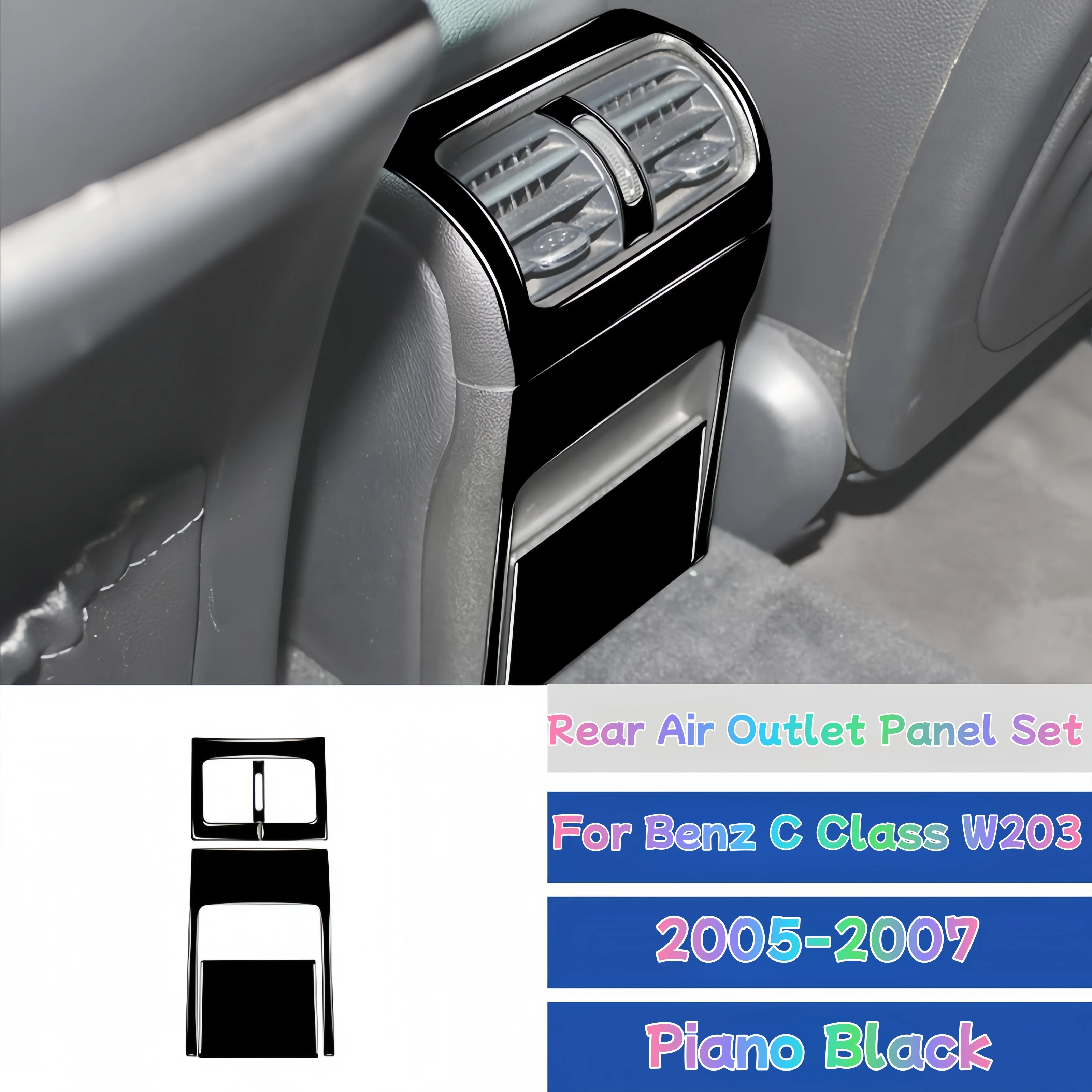 For Mercedes Benz C-Class W203 2005-2007 Piano Black Car Armrest Box Rear Air Condition Vent Panel Cover Trim Sticker Accesorios
