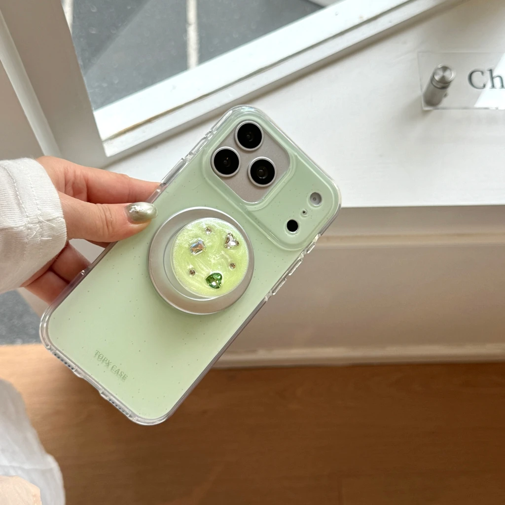 

Fresh Green Splash Ink With Gemstone Magnetic Holder Wireless Charging Protect Phone Cover Case for iPhone 17 16 15 14 Pro Max