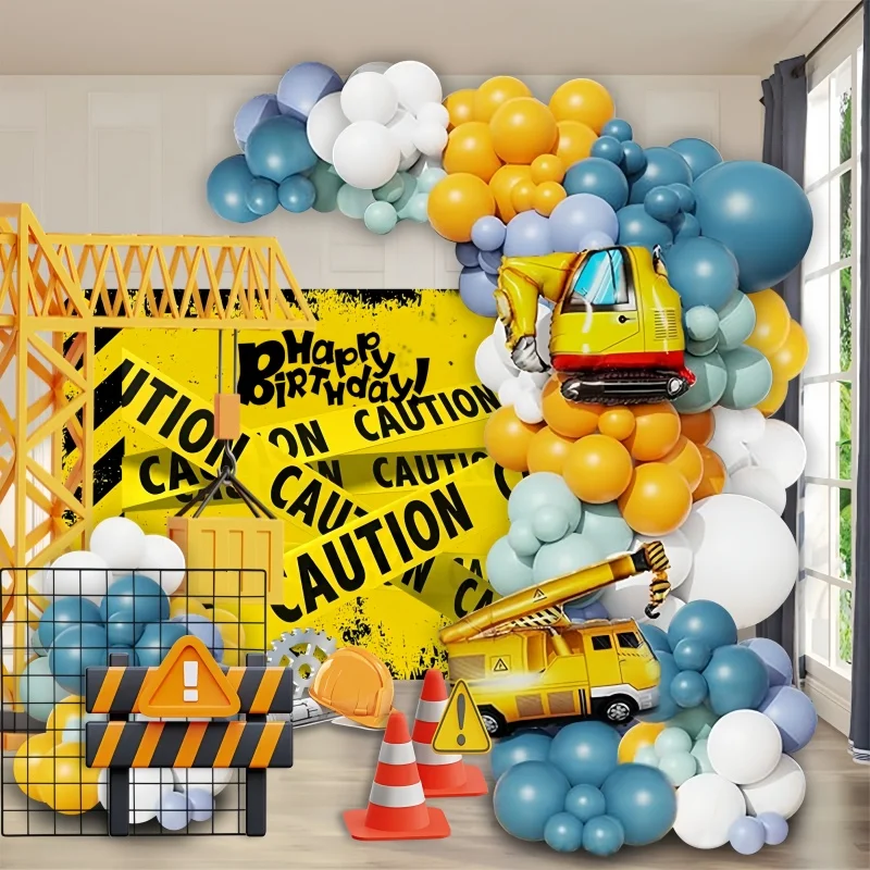 Set de 106 Globos con Temática de Vehículos de Construcción, Globos Grandes de Grúa y Excavadora, Globos de Látex Blancos, Amarillos y Verde Macarrón, Ideales para Fiestas de Cumpleaños, Decoraciones de Eventos Temátic
