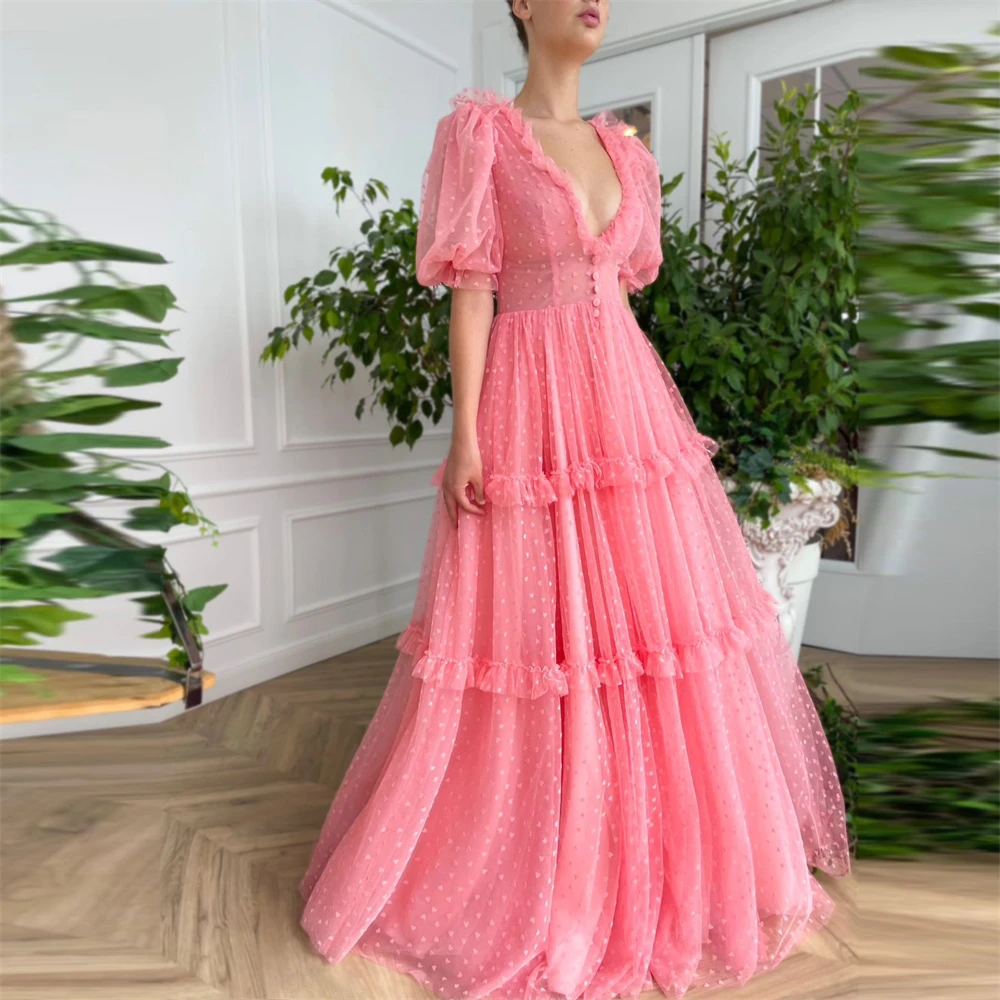 

Fashion Watermelon V-Neck A-Line Ruffle Tulle Formal Occasion Prom Dresses Floor-length Women Evening Party Dress فساتين السهرة