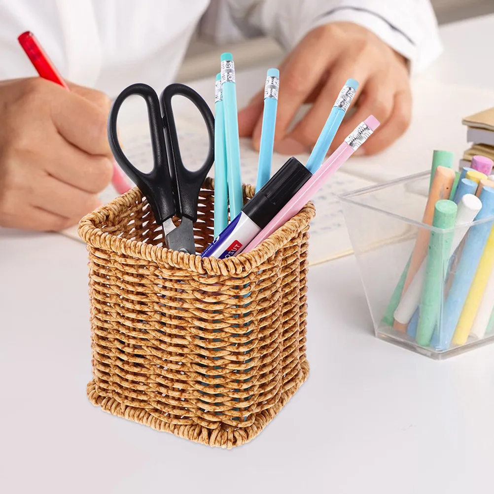 2Pcs Stationery Storage Case Pen Holder Cute Rattan Weave Desktop Makeup Brush Holder Vanity Organizer Desktop Decoration Cute