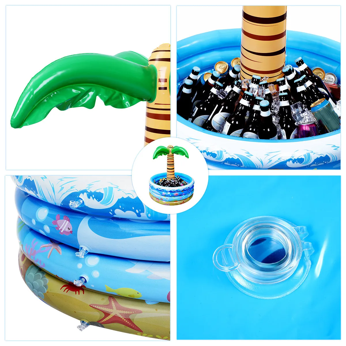 90x95cm Palm Tree Inflatable Cooler Thick PVC Material Large Capacity Floating Cooler for Pool Summer Luau Party