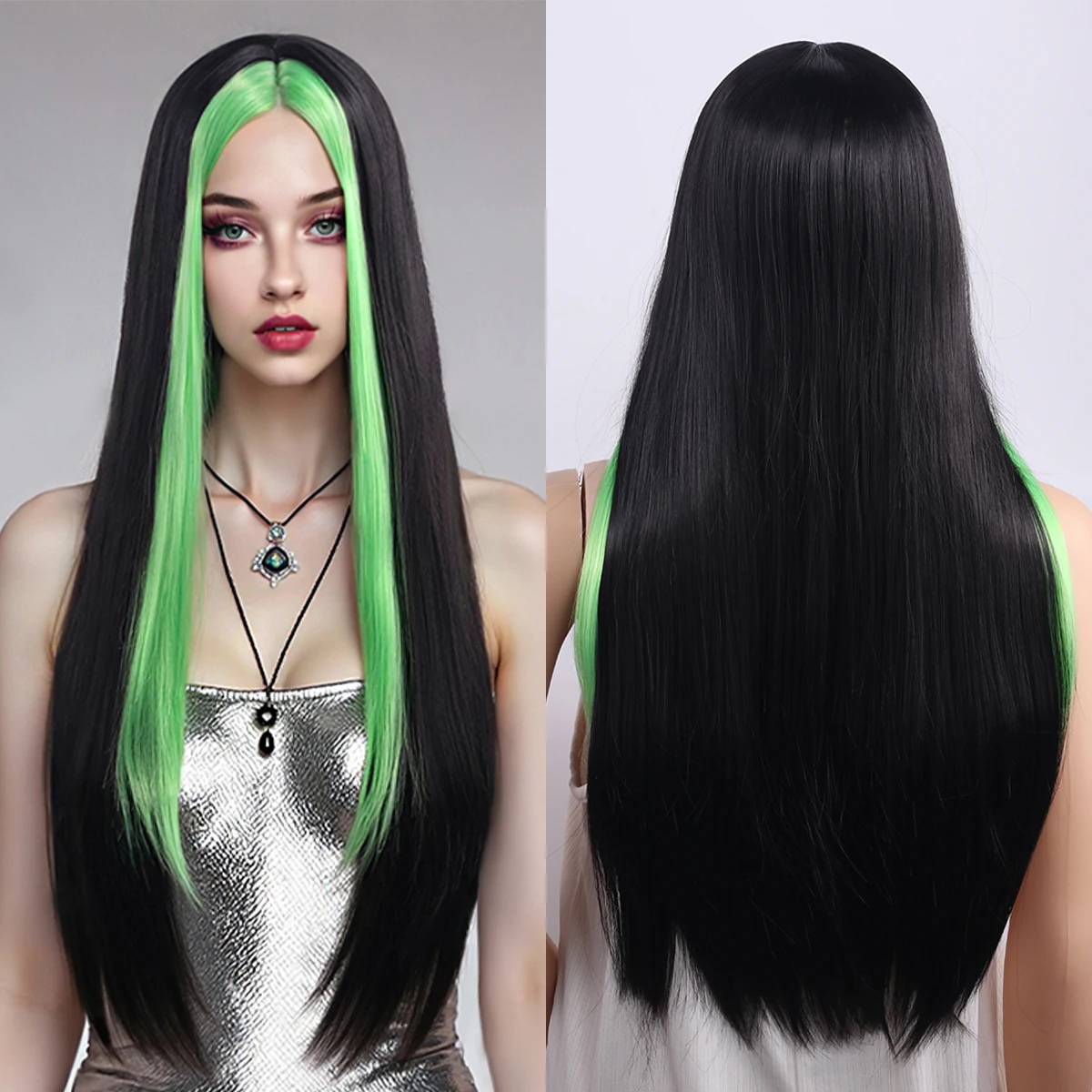 

Европейский и американский парик, темно-зеленый цветной блок, модная средняя часть, длинные прямые волосы Парик из синтетического волокна