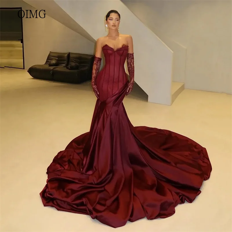 

OIMG Elegant Lace Sweetheart Neck Mermaid Prom Gowns Backless Long Tail Party Gown Floor Length Evening Dress Customized