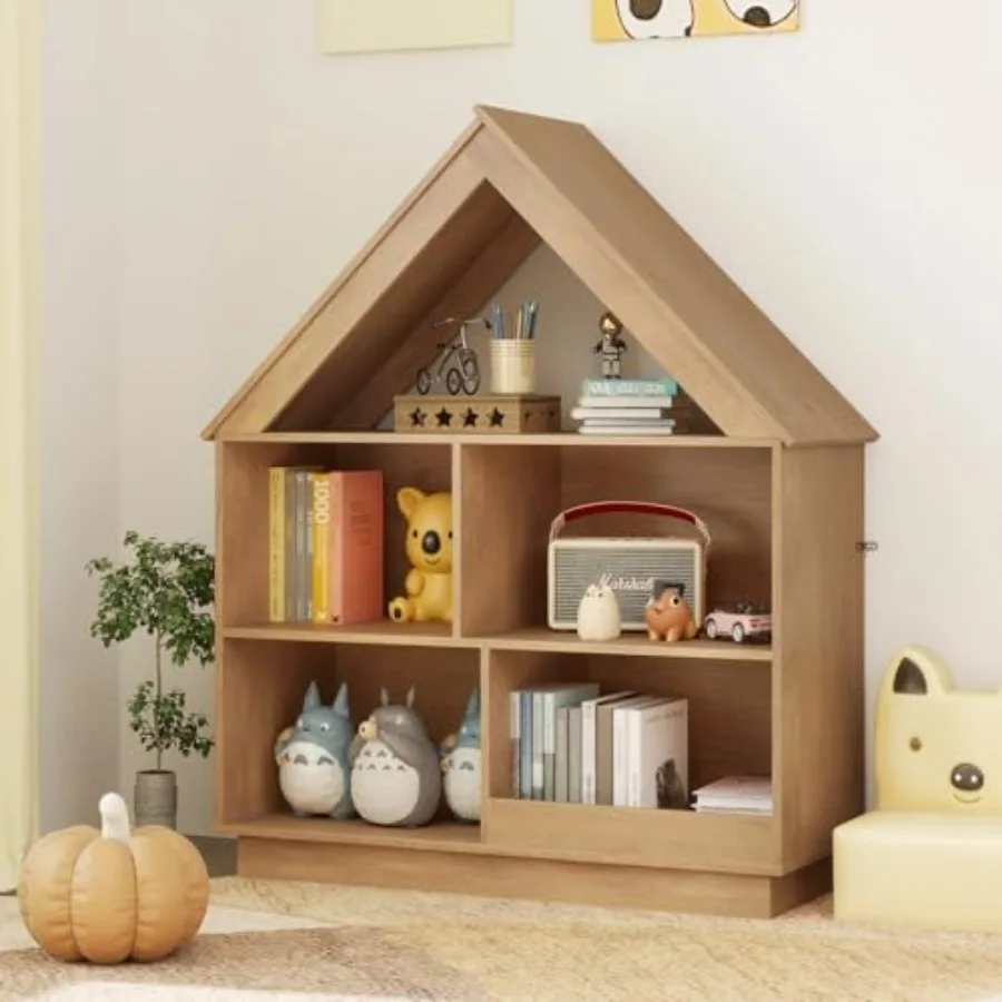 

Dollhouse Bookshelf and Toy Storage, 3-Tier House Shaped Bookcase for Room Playroom Nursery, Wood-Grain Finish, White Natural,