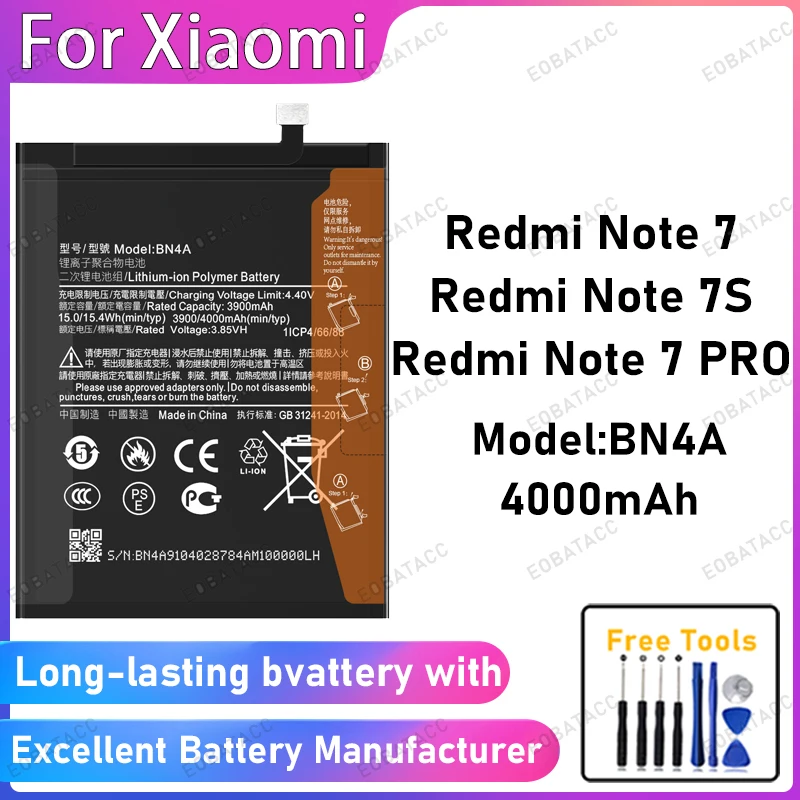 100% New 4000mAh BN4A Battery For XIAOMI Redmi Note 7/Note 7S/Note 7 PRO Battery Replacement Bateria+Free Tools