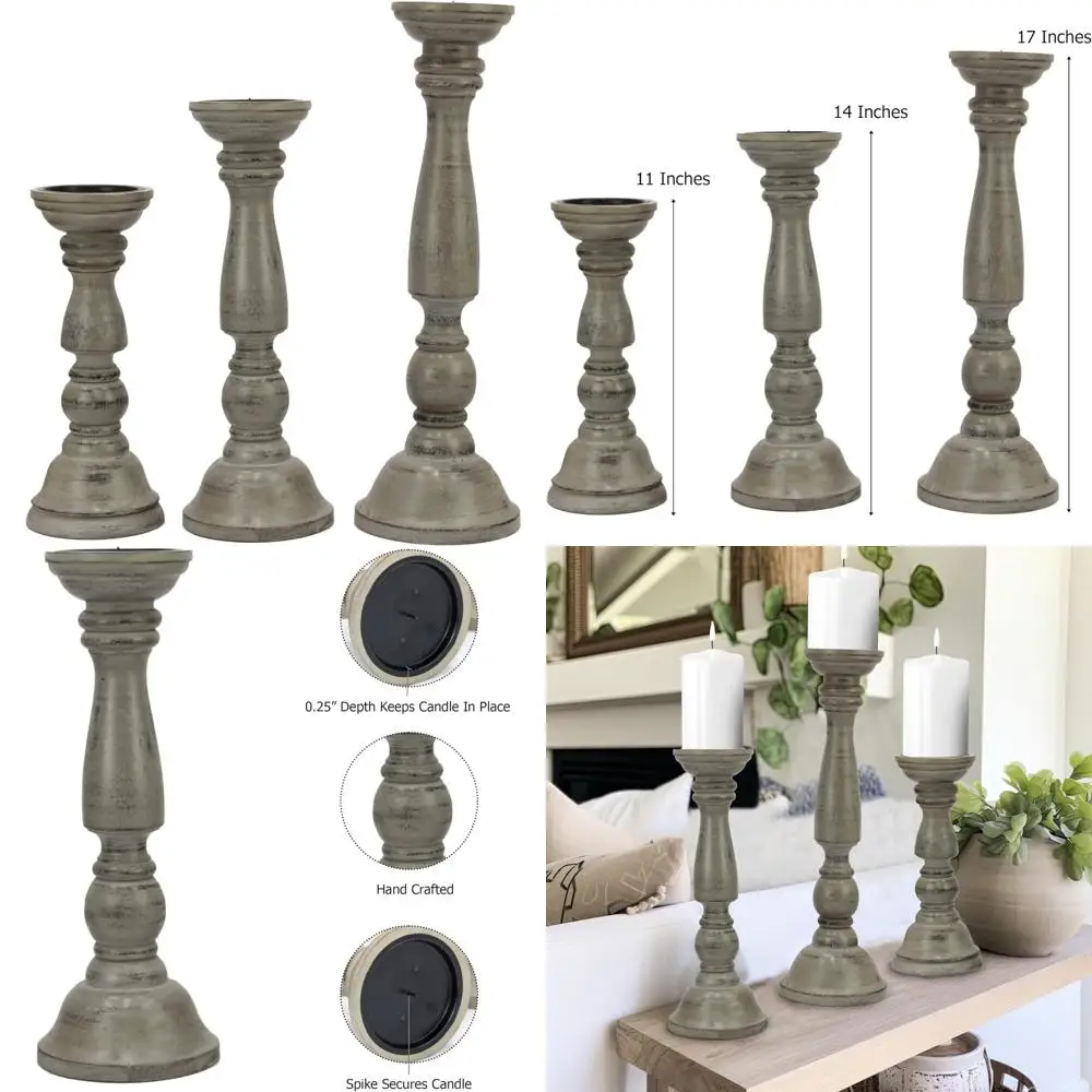 حامل عمود شمعة من الخشب الصلب - مجموعة من 3 حامل شمعدان منحوت يدويًا - مزرعة مركزية لطاولة العطلات الريفية البوهيمية
