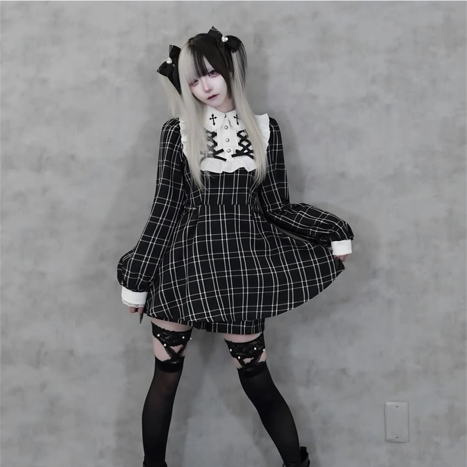 Otoño nueva subcultura gótica niñas dulce vestido fresco pantalones cortos conjunto de 2 piezas mina japonesa producida en masa vestido de manga larga conjunto de pantalones cortos