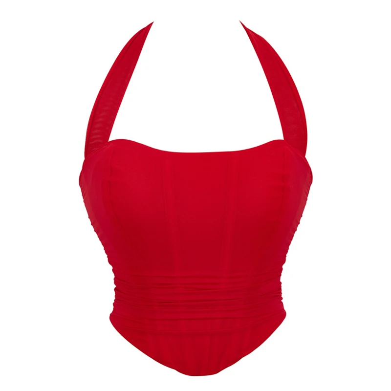 Women White Bustier Crop Tops Retro Fashion Halter Backless Lingerie Camisole Gothic Mesh Lace-up Corset Red