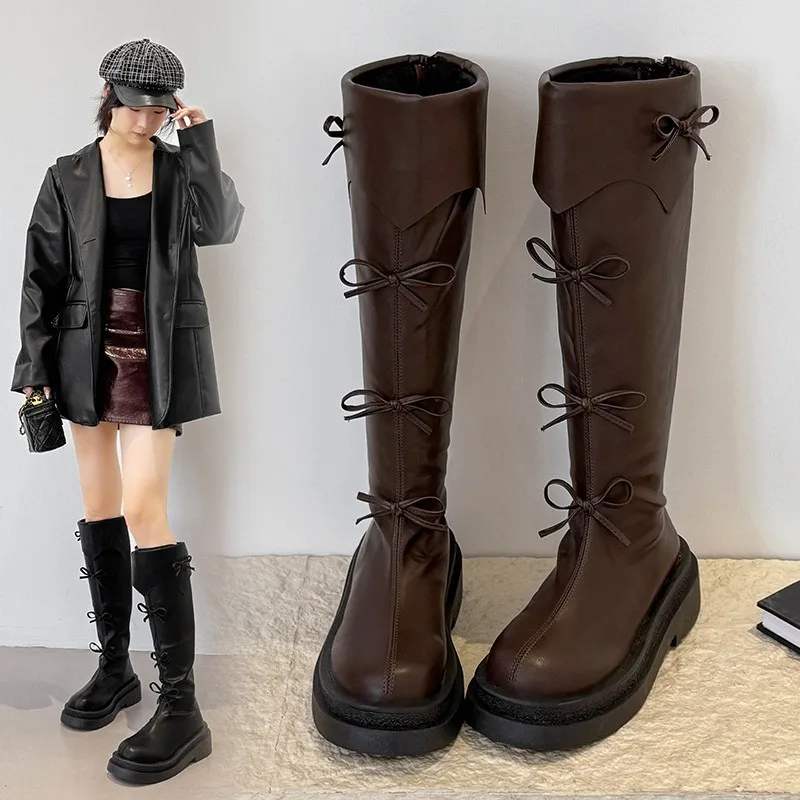 

【2025 AW】Sweet & Combat Boots Женские сапоги до колена с бантом на платформе Коричневые сапоги для верховой езды на массивном каблуке Slim Fit For Petite