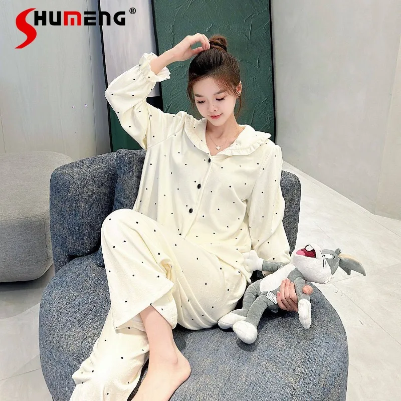 

Autumn Winter New Velvet Sweet Pajamas Female Polka Dot Long Sleeve Sleep Set Women Double Sided Thickened Homewear Suit