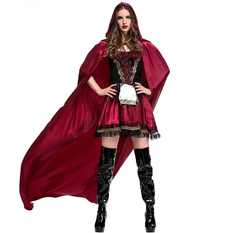 

Vintage Dress Long Cape Set Little Red Riding Hood Costume For Women Fancy Adult Halloween Cosplay Performance Dress Cape Set