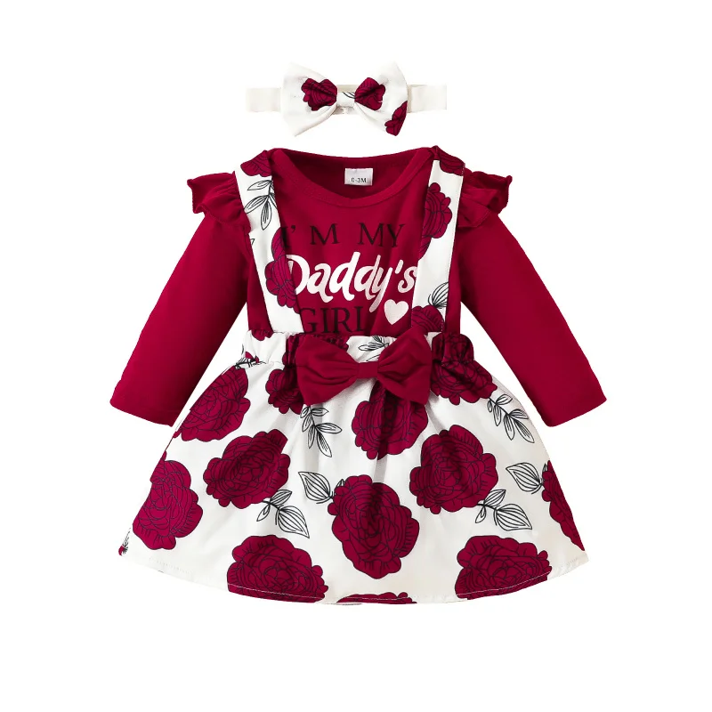Newborn Children's Clothes Sets 3Pcs Girls Suit Long-sleeved Baby Kids Romper Top+Flower Butterfly Strap Skirt+Headband Outfits