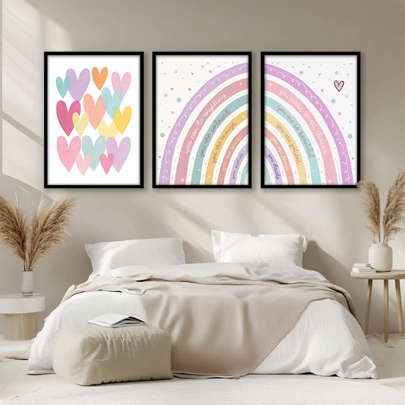 Pastel Rainbow Affirmation Canvas Wall Art Set Soft Watercolor Heart Positive Quote Poster for Girls Nursery Kids Bedroom