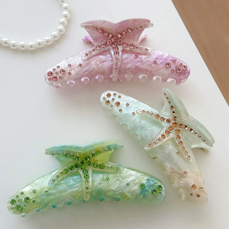 

Sweet Fantasy Color Rhinestone Starfish Hair Claw Clip for Women Acetate Crab Hair Clip Shark Clip Beach Ocean Hair Accessories