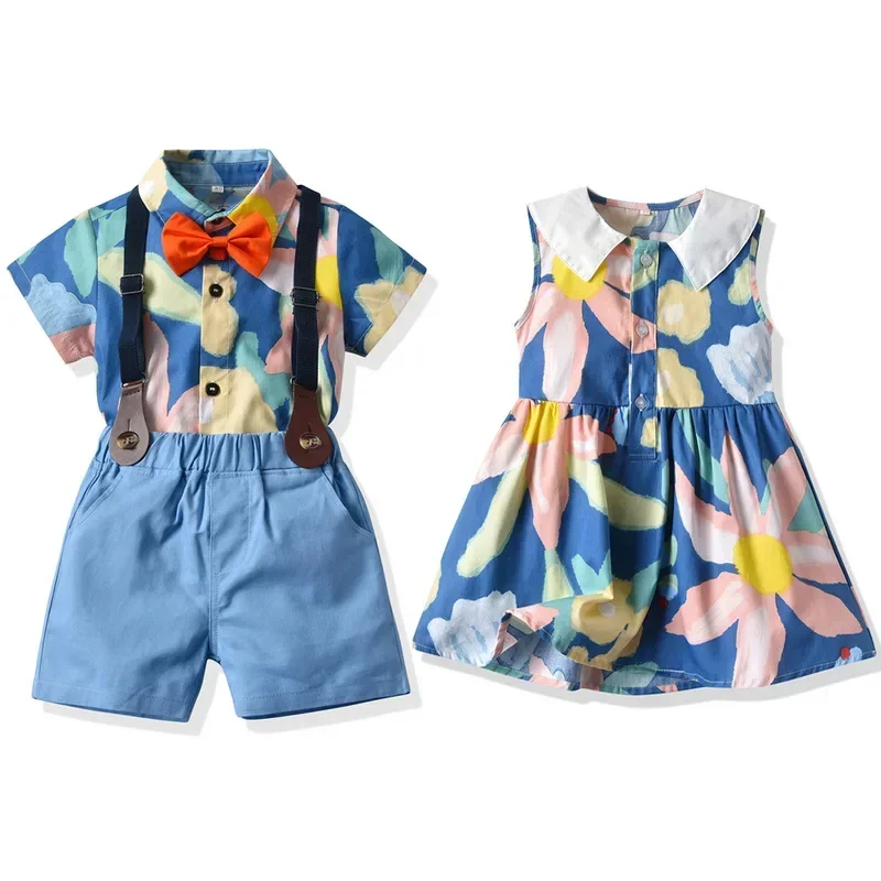 Girl Dress Birthday Party Newborn Boy Top and Pants Casual Short Sleeve Clothing Suits Siblings Summer Photography Romper 0-3Y