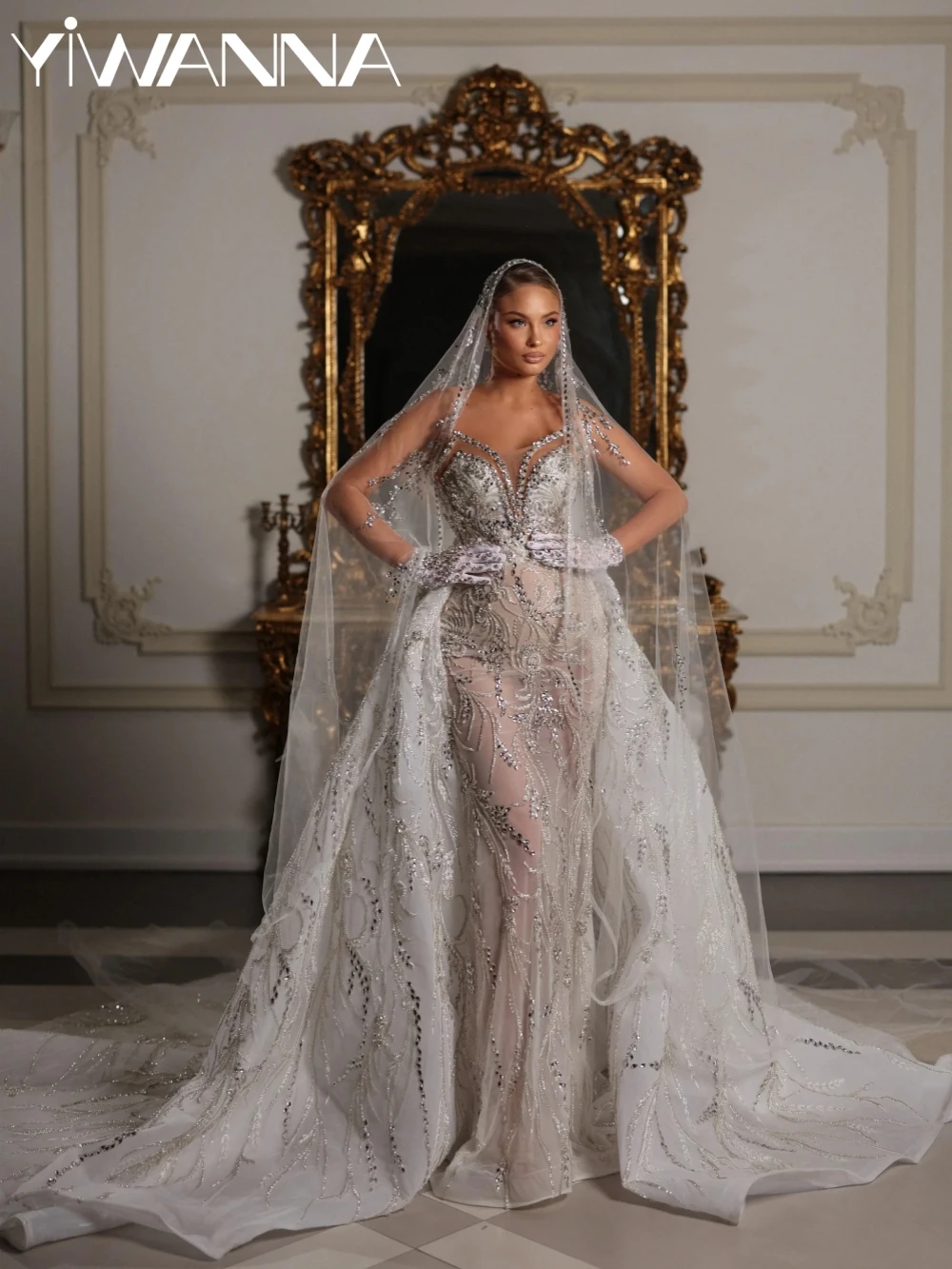 

New Detachable Train Silver Embroidery Wedding Dress Exquisite Crystal Long Bridal Gown Customized Illusion Dresses For Bride