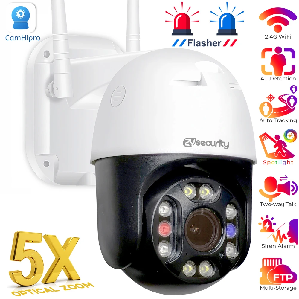 FHD 1080P 5X Optical Zoom WiFi PTZ Network IP Camera Outdoor Color Night Vision Auto Tracking Security Surveillance Camera CamHi