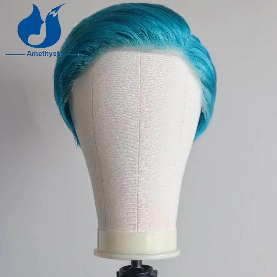 Amethyst Men's Blue Color Short Cut Wig Human Hair Pre Style Brazilian Remy Soft Hair Full Transparent Lace Straight Pre Plucked