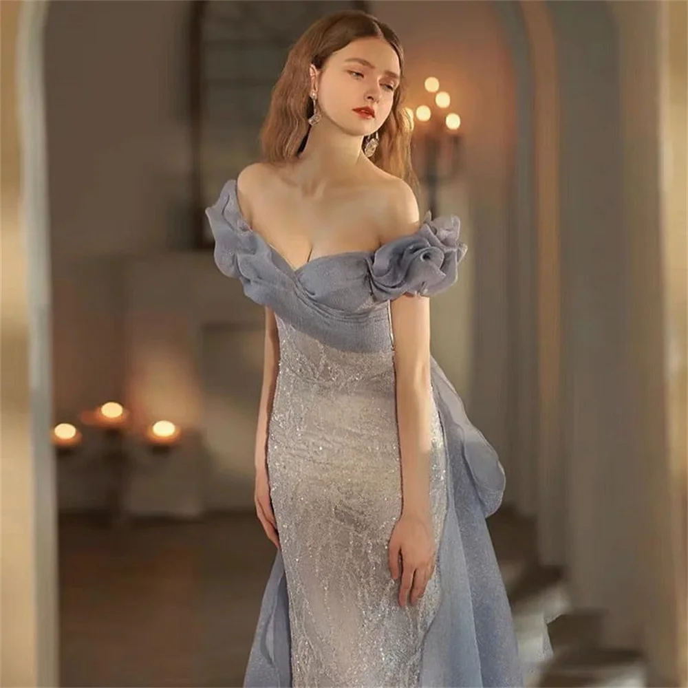 Customized Prom Dress Exquisite Off The Shoulder Sheath Pageant Dresses Flouncing Tulle Ruched Formal Evening Gowns 드레스 연주복 파티복