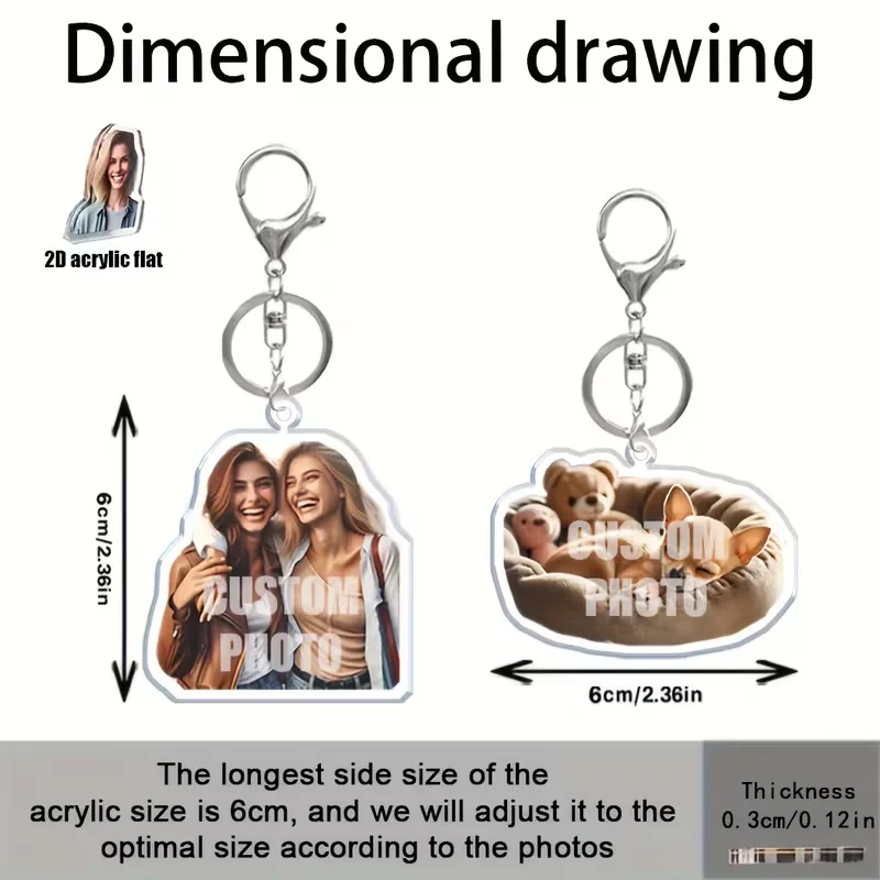 Photo Customizable 2D Acrylic Keychains Flat Custom Shapes Couple Friend Pet Double Sided Presentation Car Key Rings Bag Decorat
