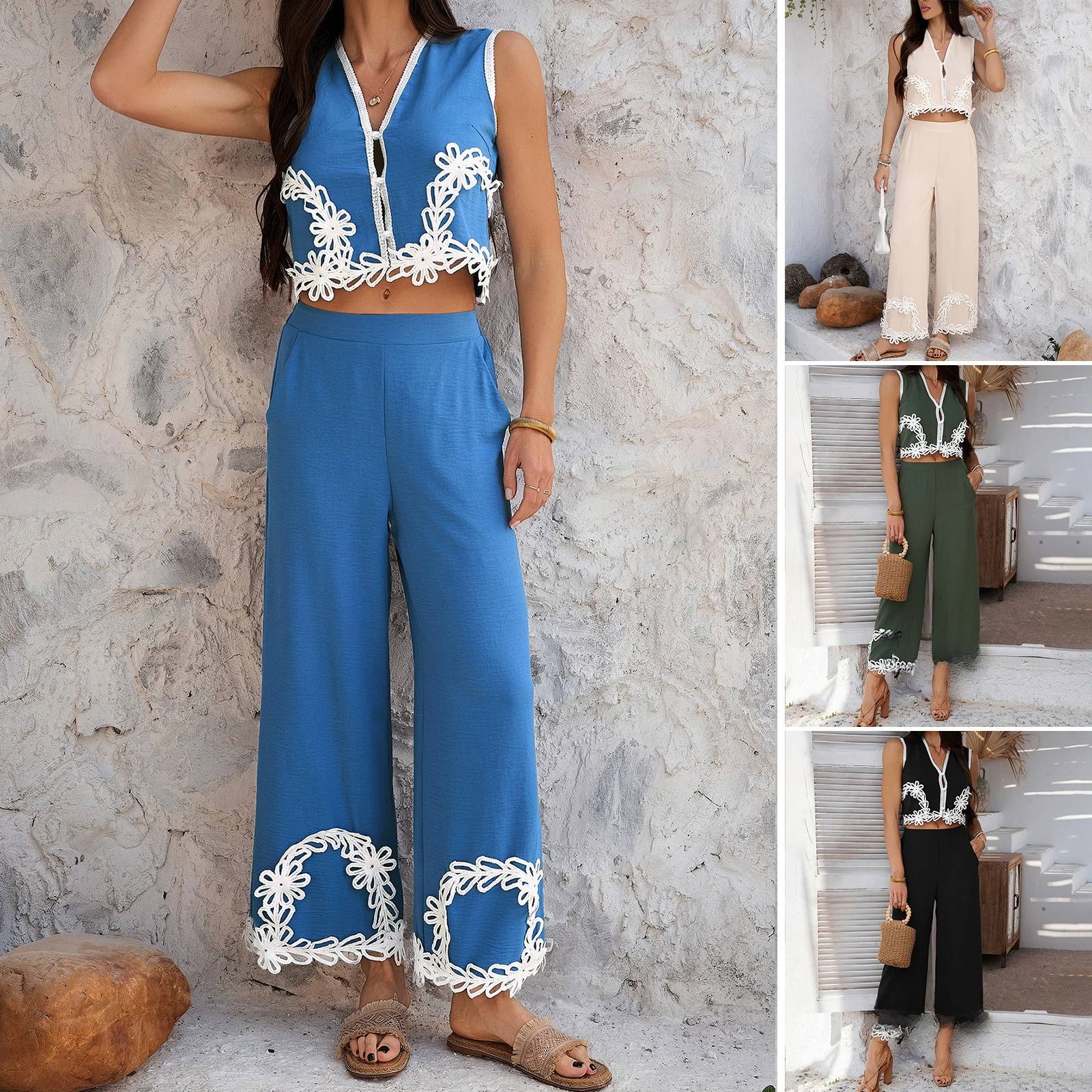 

Комплект длинных брюк с кружевом в стиле пэчворк, повседневный комплект Vaion Cross-Border Sle, весна-лето 202, женская спортивная одежда Faion