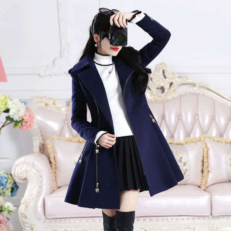 Zipper long sleeved woolen coat women\'s Jacket medium length slim winter thickened navy blue