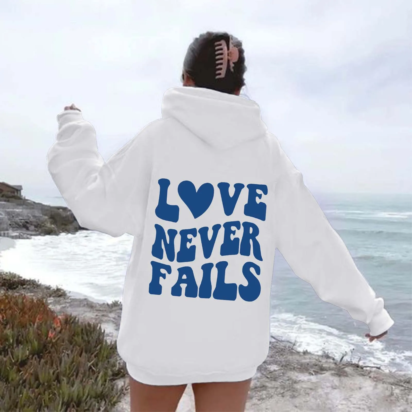 LOVE NEVER FAILS Autumn new women's solid color letter print hoodie oversized sports hoodie