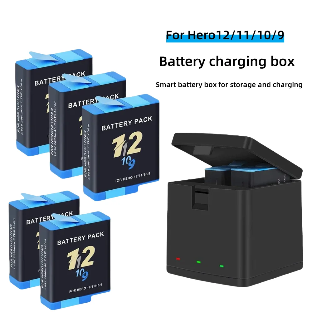Replacement Battery For GoPro Hero 12 11 10 9 Motion Camera 2000mAh Battery Fast Charger Box For GoPro Hero Rechargeable Battery