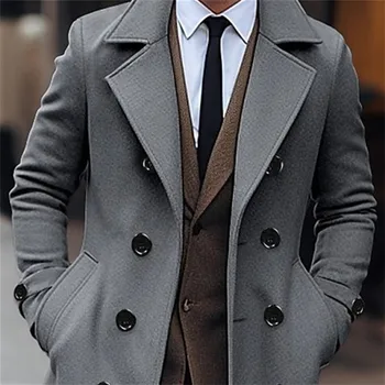 Men's Long Double-Breasted Wool Blend Coat 5 Autumn Winter Men's Woolen Coats Business Casual Fashion Double Breasted Long Woolen Trench Male England Style Wool Blends Coat 5